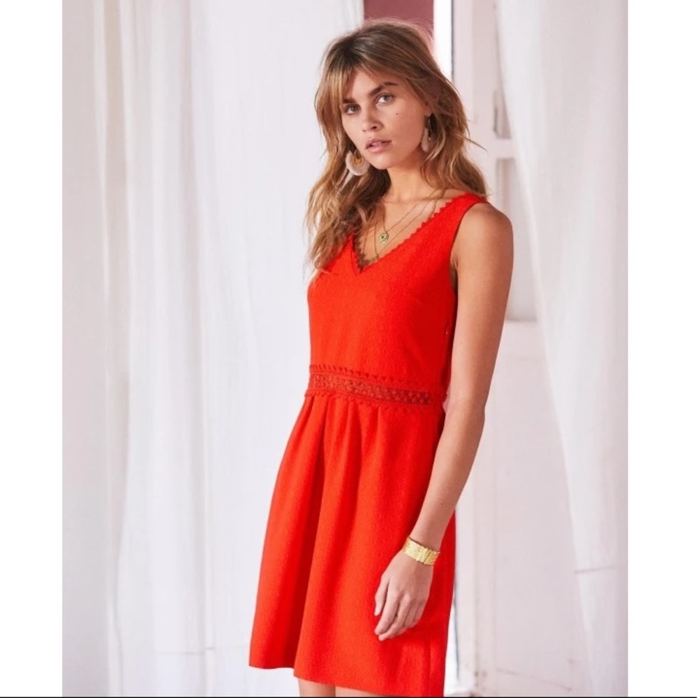 SEZANE Daniela Coral Red Mini Dress V Neck Lace FR 38 US 6